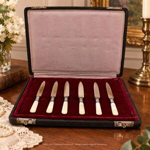 Antique Victorian Era Knife Set Mother of Pearl Handles Original Velvet Case